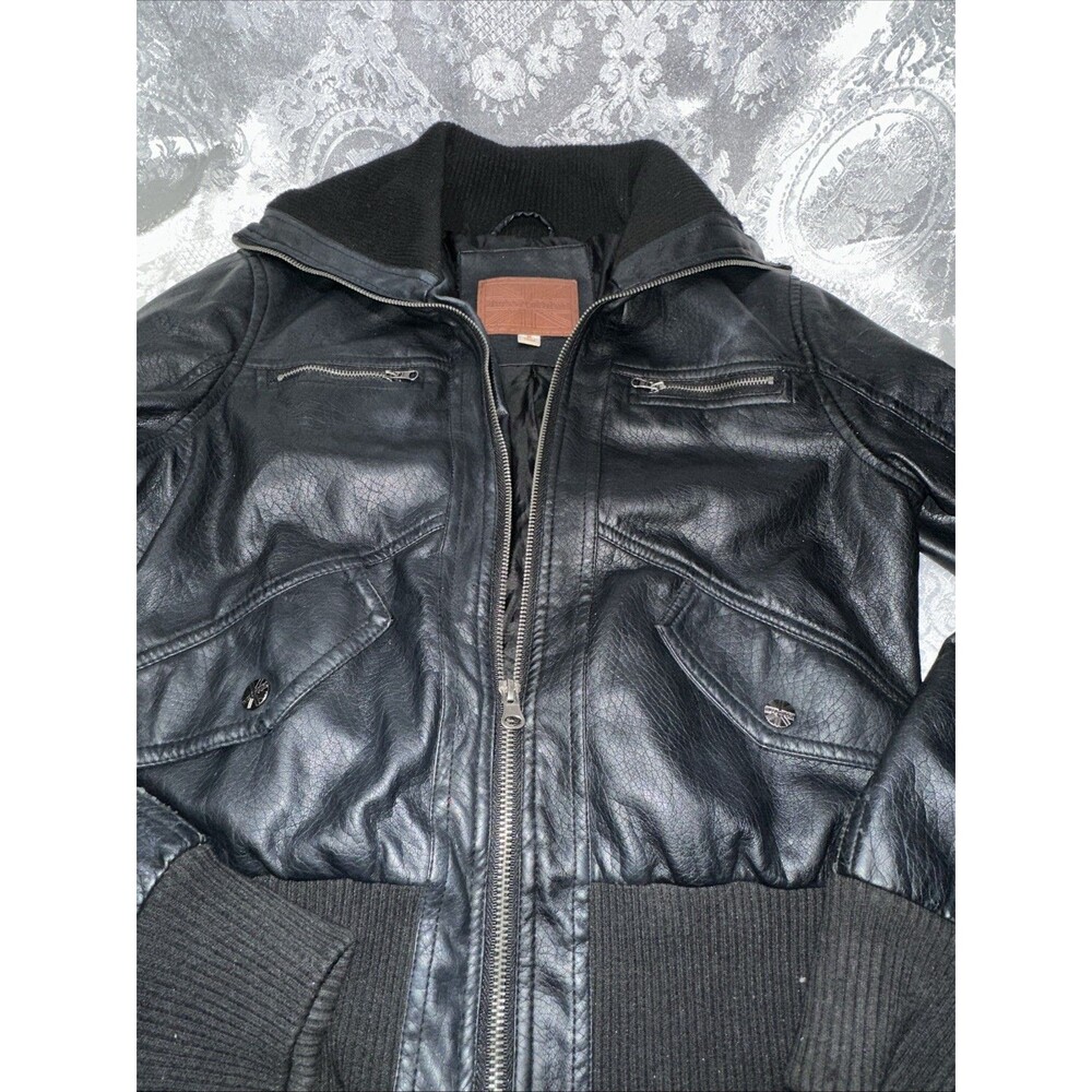 Miss London Black Faux Vegan Leather Moto Zip Biker Bomber Coat Jacket Medium M